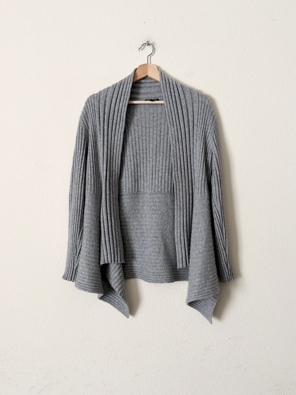 Eileen Fisher SMALL 100% cashmere grey ribbed draped open cardigan
